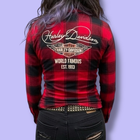 Harley-Davidson Tops - Harley-Davidson Early 2000s Black and Red flannel Button Down